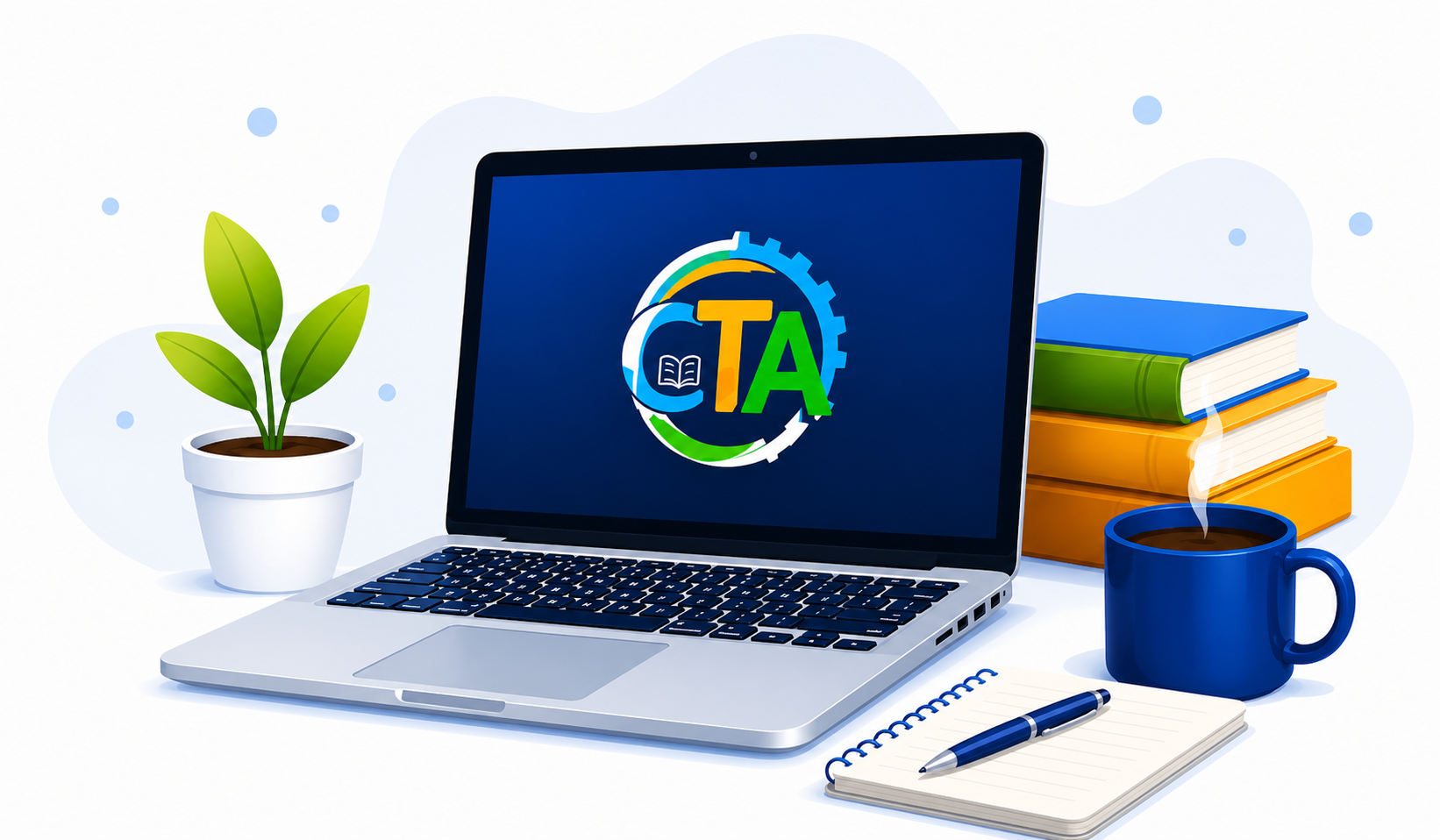 Laptop, libros y materiales para aprender en línea